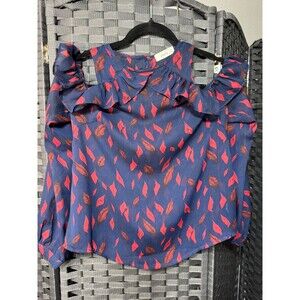 Y2K Navy Blue Cold Shoulder Leaf Print  Size S Boho Tropical Top Summer Casual